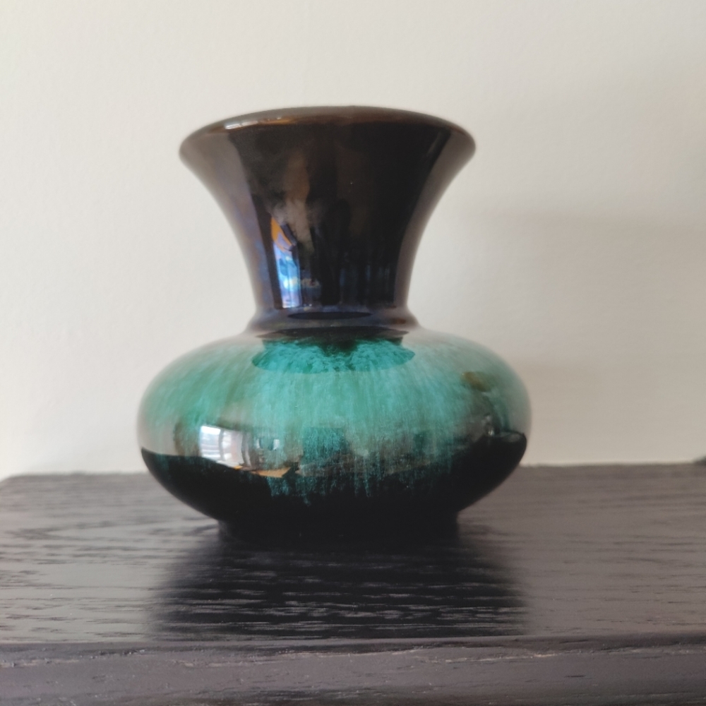 Vintage | Blue Mountain Pottery | green blue drip glaze | wide mouth vase